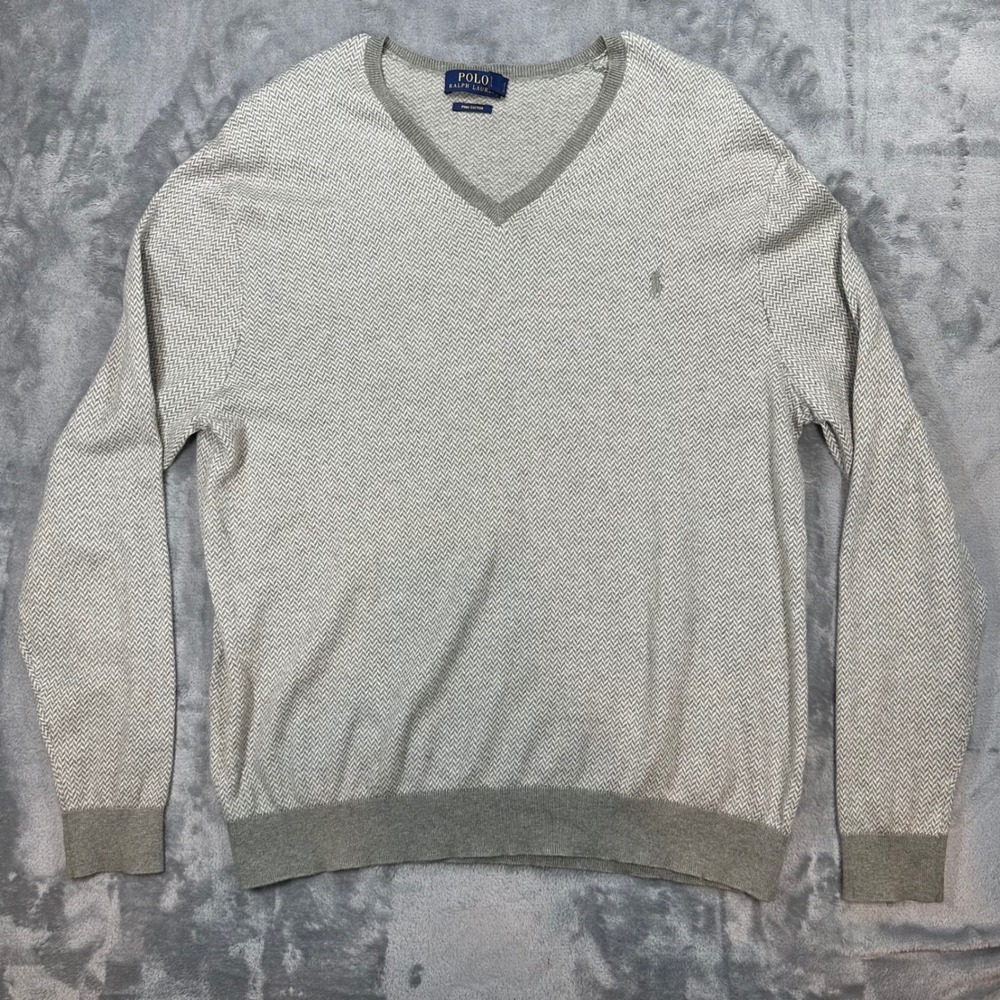 Polo Ralph Lauren Mens Grey Herringbone Pima Cotton V-Neck Sweater Large